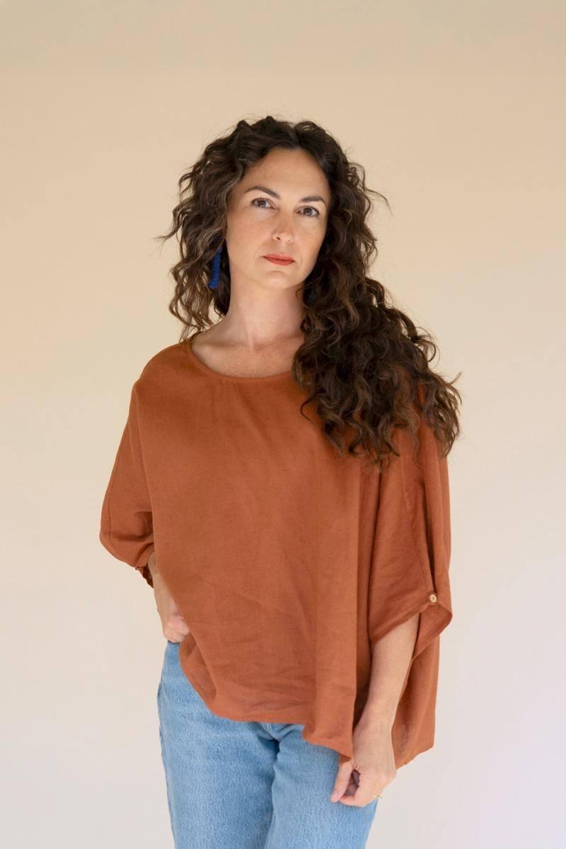 NELL1061 24 in. Short-Sleeve Blouse with Button Detail on Sleeves, Cinnamon