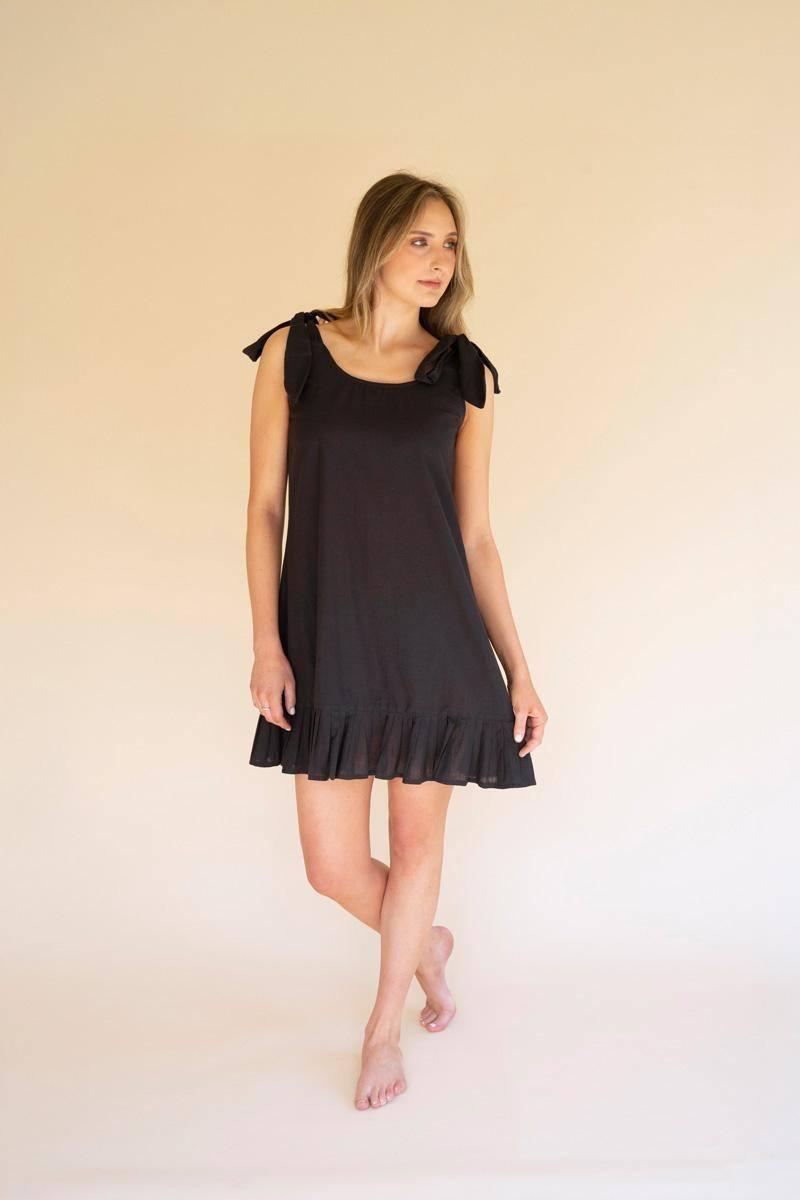 NELL1078 31 in. Tie-Shoulder Dress with Pleated Hem, Midnight