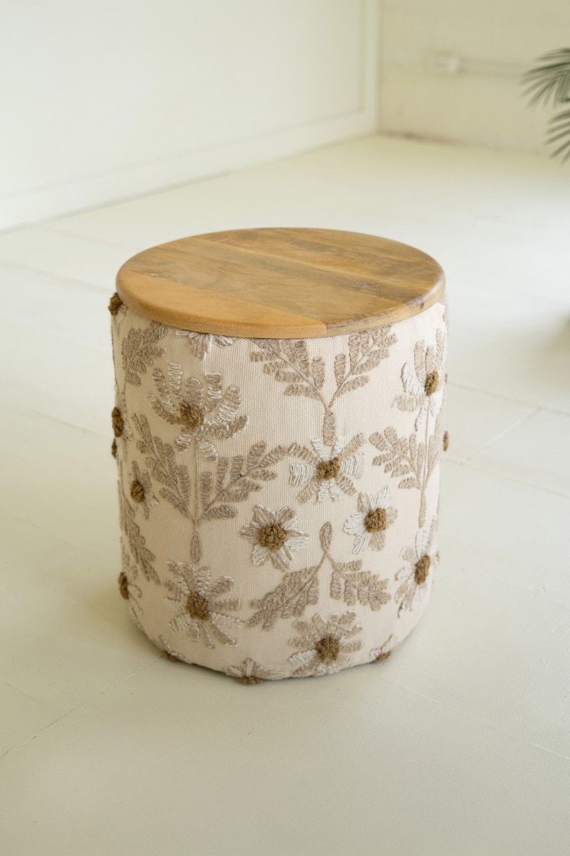 NNF1061 16.5 x 18.5 in. Round Embroidery Accent Table with Mango Wood Top, Multi Color