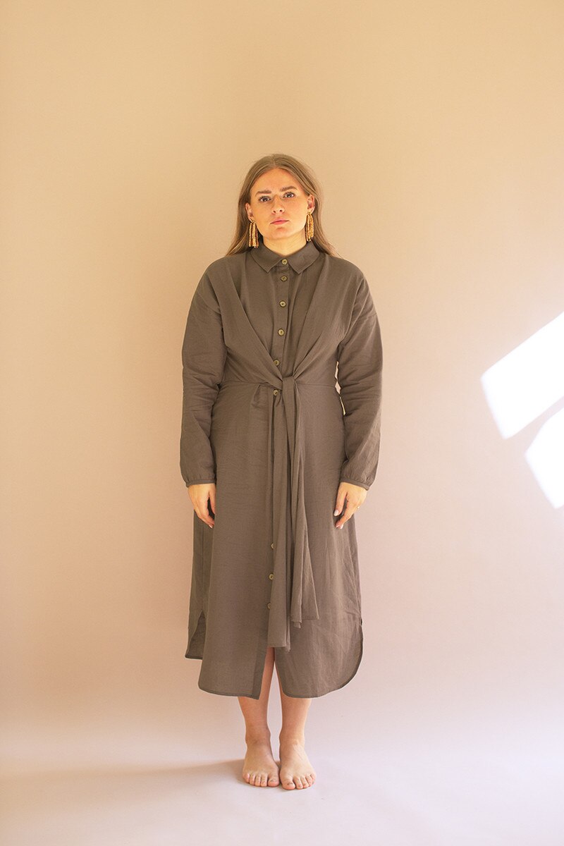 NELL1059K Long-Sleeve Button-Front Dress with Front-Tie Detail, Oregano - One Size