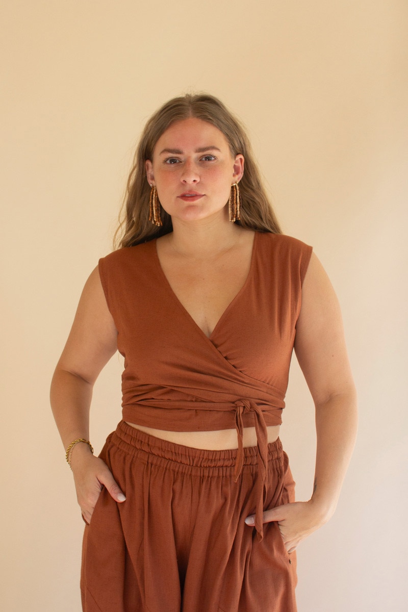 NELL1073K Convertible Wrap Blouse, Cinnamon - One Size