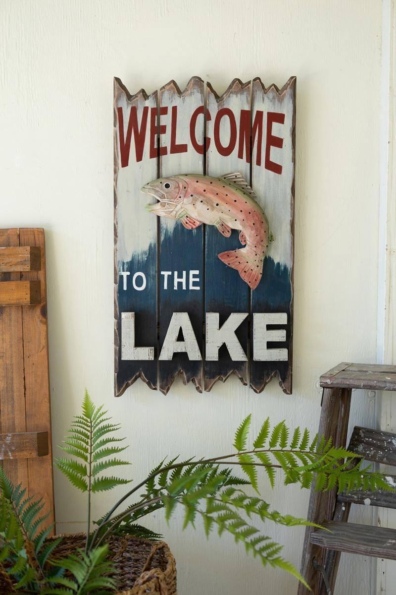 CJFB1029 14 in. Welcome to the Lake with Trout Sign, Multi Color