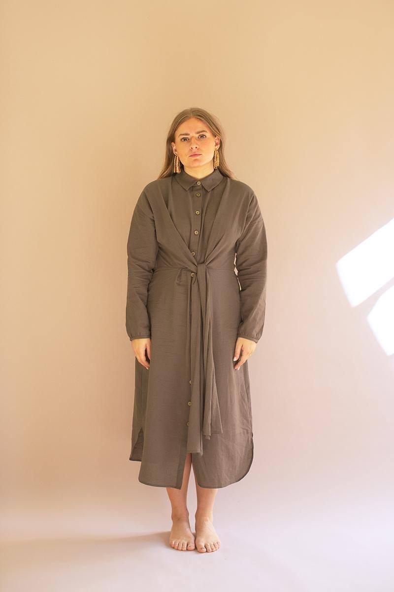 NELL1059 49 in. Long-Sleeve Button-Front Dress with Front-Tie Detail, Oregano
