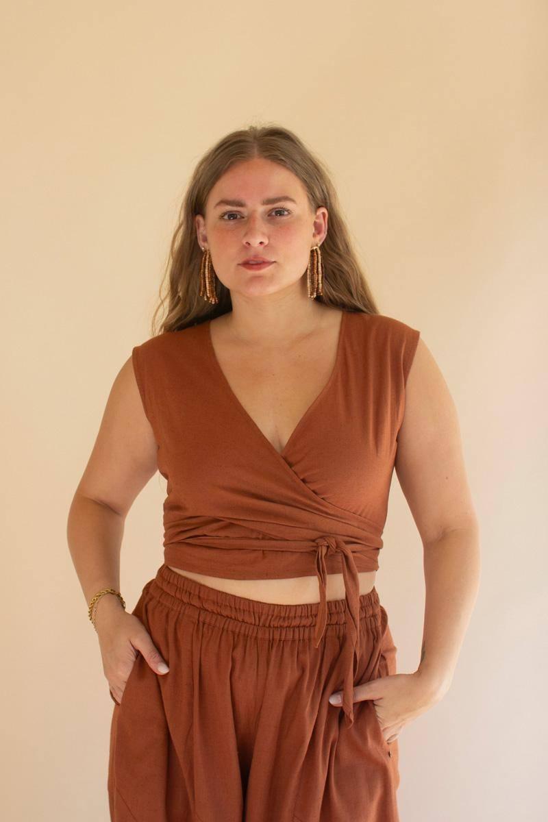 NELL1073 16 in. Convertible Wrap Blouse, Cinnamon