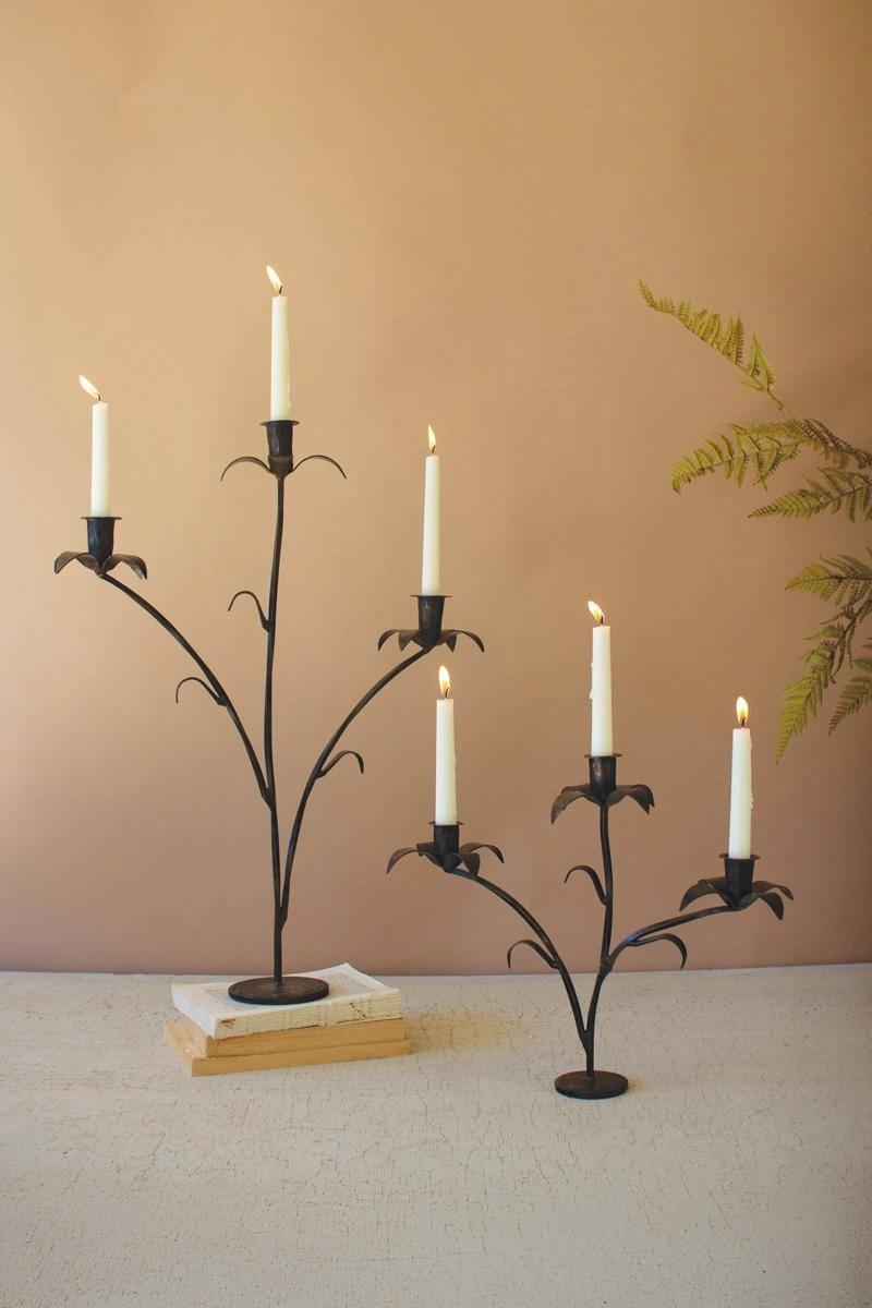 NELE1034 16 in. Forged-Iron Triple Taper Candelabras, Brown