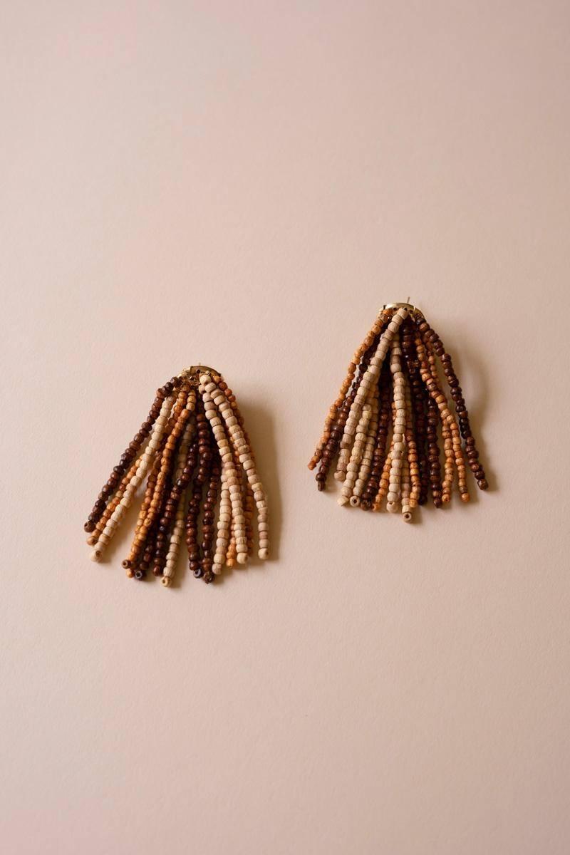 NGRA1159 2 in. Mango Wood Beaded Earrings, Tan