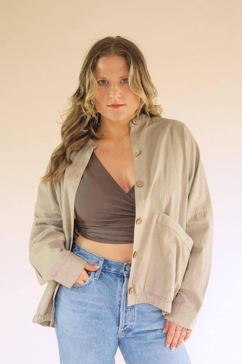 NELL1031 23 in. Lightweight Button-Front Bomber Jacket with Front Pockets, Oatmeal