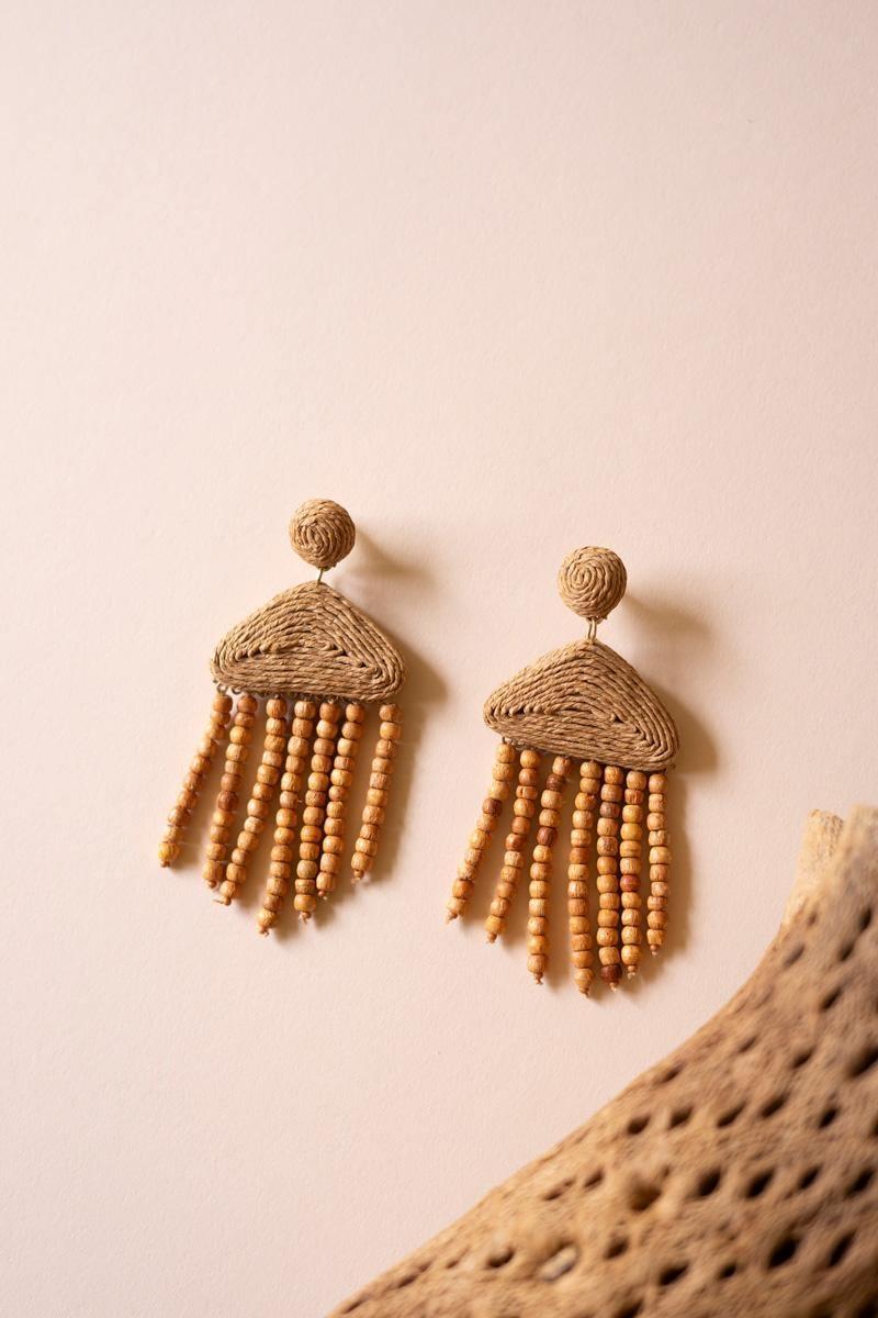 NGRA1150 3 in. Raffia & Mango Wood Beaded Earrings, Multi Color