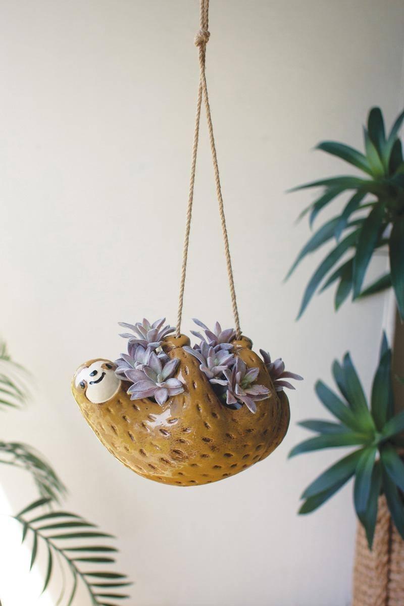 CDV2336 8 in. Ceramic Hanging Sloth Planter, Brown & Multi Color