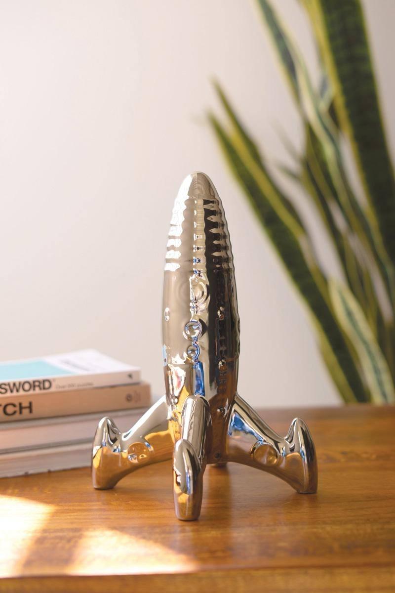 CXNY1033 7 in. Ceramic Rocket Sculpture, Silver