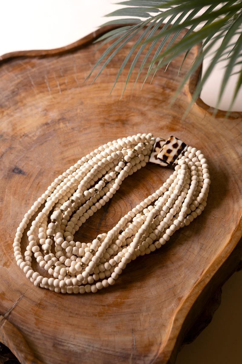 NBB1018 22 in. Multi-Layered Natural Wooden Beaded Necklace, White