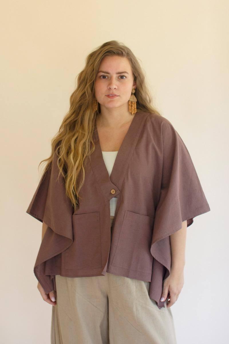 NELL1047 25 in. Winged-Sleeve Kimono with Front Pockets & Button, Mulberry