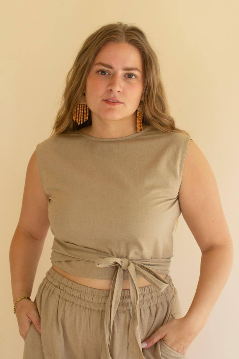 NELL1070 16 in. Convertible Wrap Blouse, Oatmeal