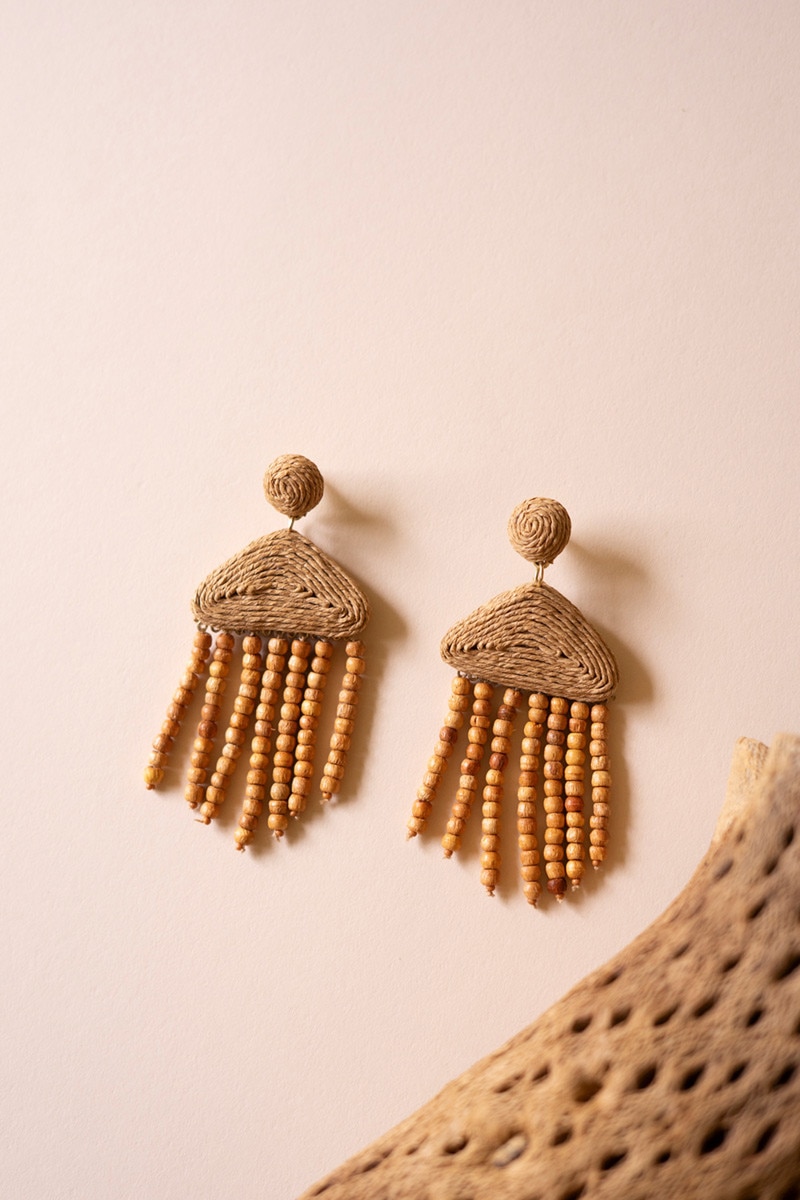 NGRA1150K 3 x 1.5 in. Raffia & Mango Wood Beaded Earrings, Multi Color