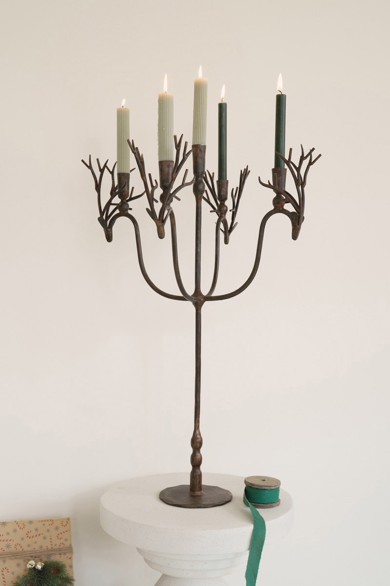 NELE1046 6 in. Forged Rustic Iron Deer Candelabra, Brown