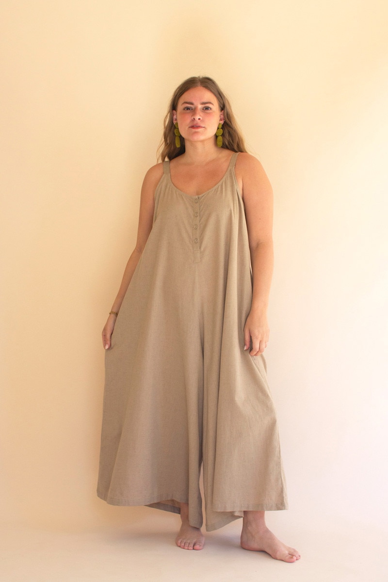 NELL1026K Adjustable Strap Flowy Jumper with Button Detail, Oatmeal - One Size