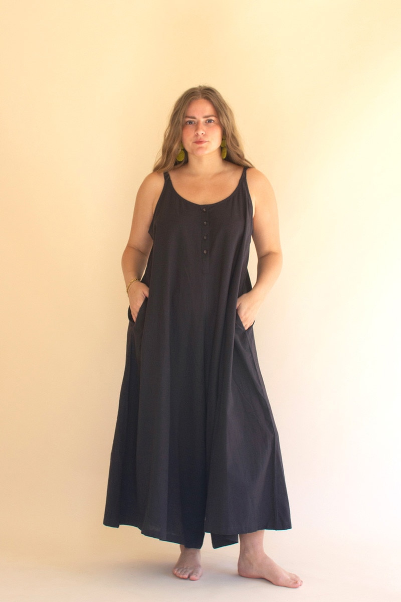 NELL1027K Adjustable Strap Flowy Jumper with Button Detail, Midnight - One Size