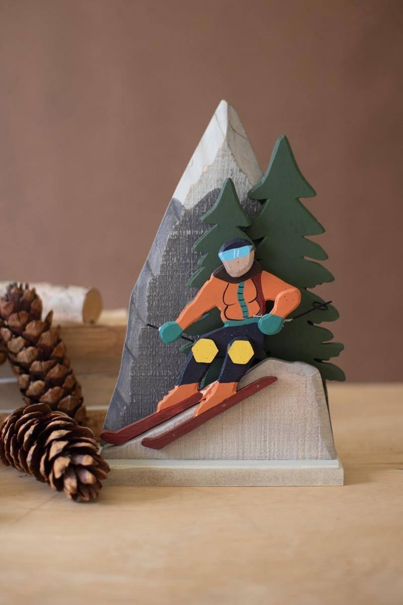 CJFB1009 7 in. Painted Wood Snow Skiing Scene, Multi Color