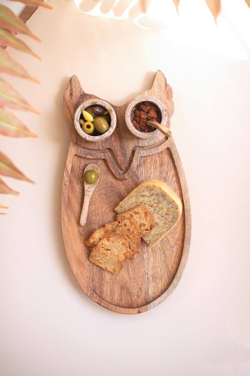 Picture of Kalalou NART1175 8 in. Wooden Owl Serving Board with Marble Bowls, Brown