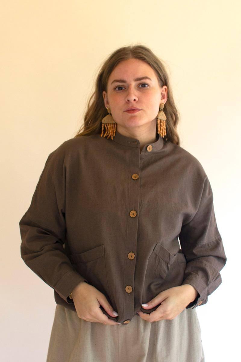 NELL1035 23 in. Lightweight Button-Front Bomber Jacket with Front Pockets, Oregano