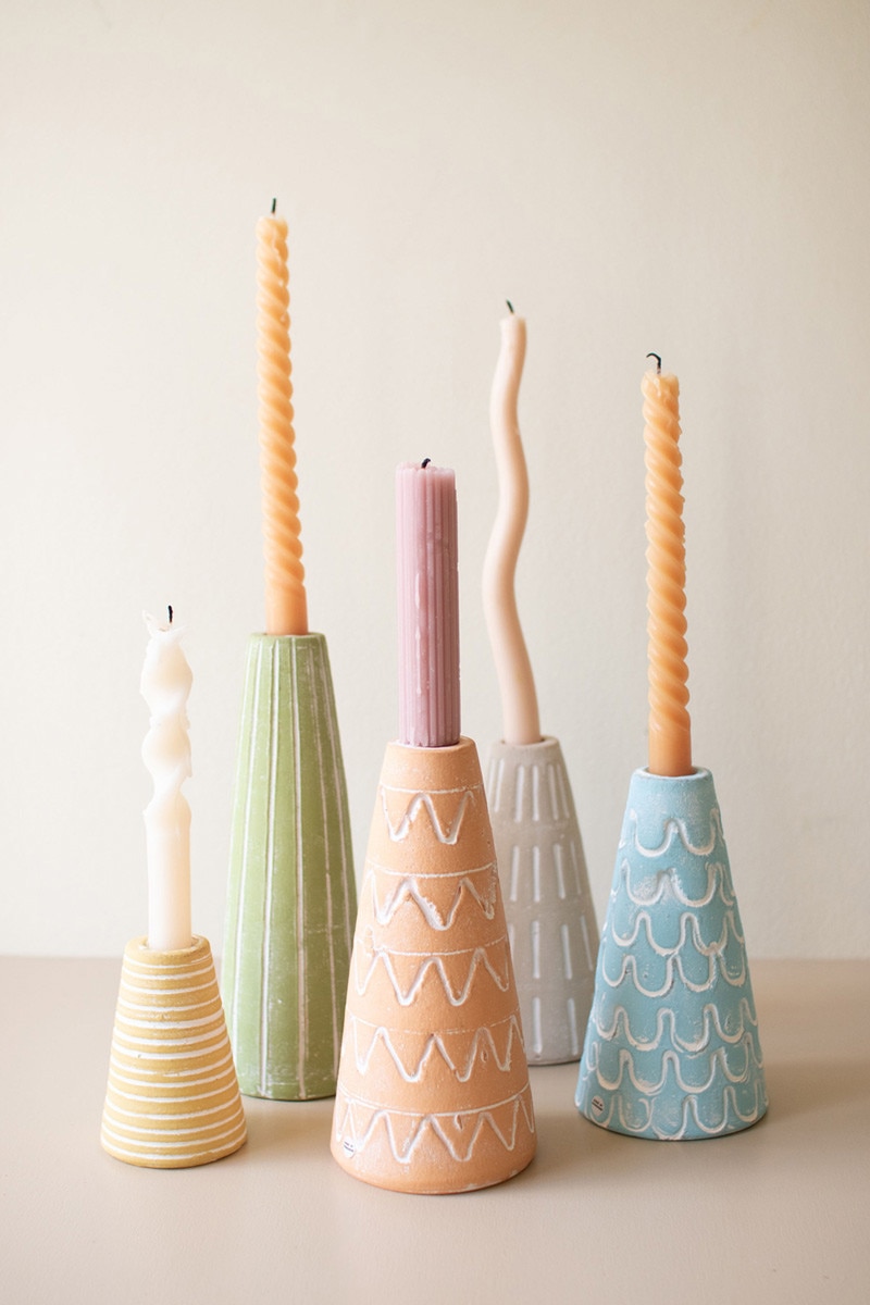 H4580 3 x 9.5 in. Painted Clay Party Hat Candle Taper Holders, Multi Color
