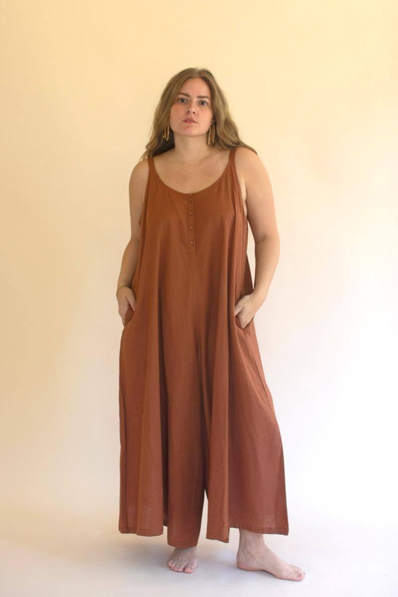 NELL1029 44 in. Adjustable Strap Flowy Jumper with Button Detail, Cinnamon