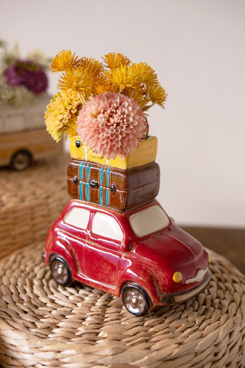 CDV2347K 2.75 x 1.75 x 6.5 in. Red Ceramic Car with Luggage Planter, Multi Color