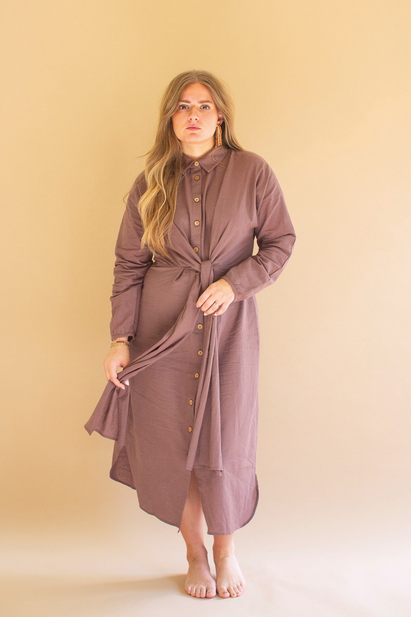 NELL1057K Long-Sleeve Button-Front Dress with Front-Tie Detail, Mulberry - One Size