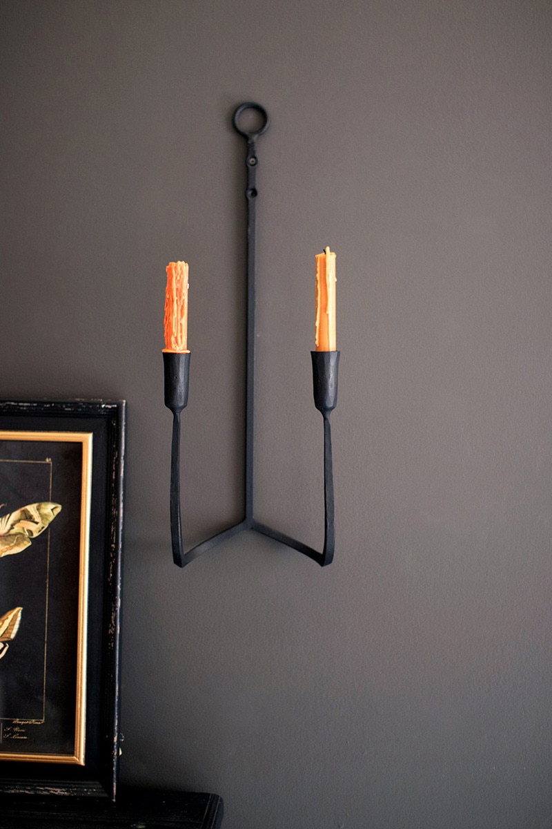 NELE1004 Forged Iron Double Taper Wall Sconce Candle Holders, Black