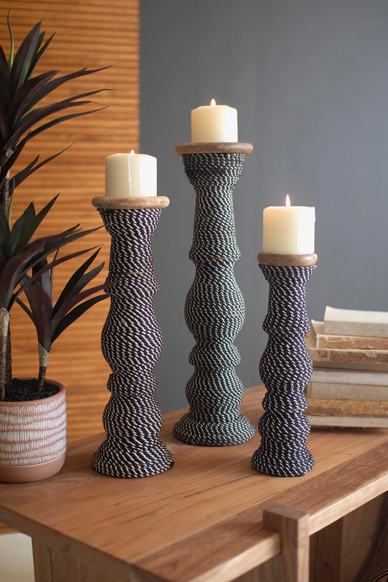 NRAC1326 Wooden Candle Holders Wrapped with Black & White String, Multi Color - Set of 3