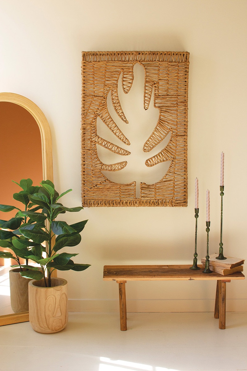 A6615 Woven Seagrass & Iron Leaf Wall Panel, Tan