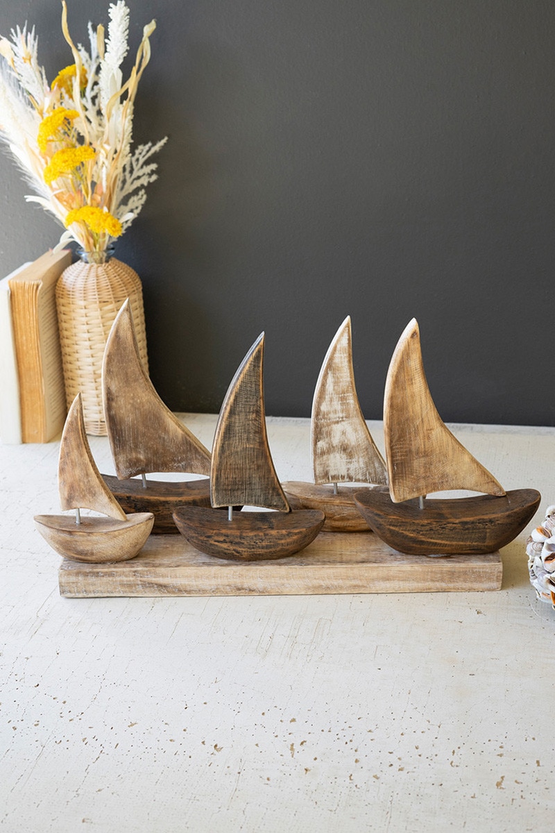 DRA1034 Five Wooden Sailboats on a Base, Brown