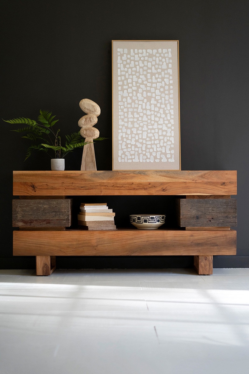 NRAH1046 Recycled Acacia Wood Console Table with Two Drawers, Brown