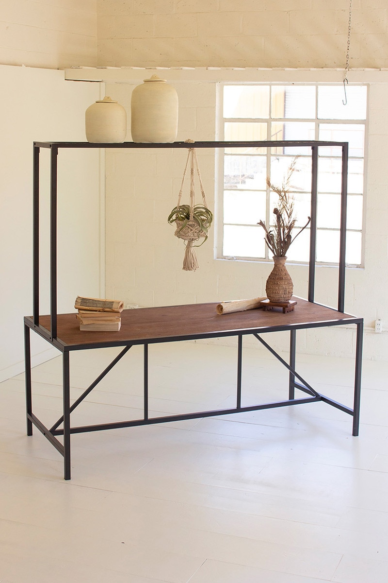 CHW1518 Metal & Wood Store Display Table with Wire Grid Top, Multi Color