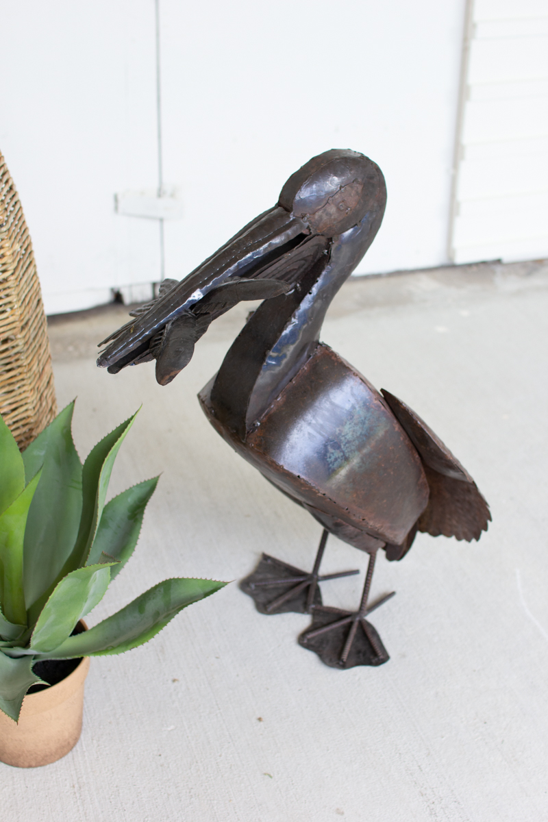 Rustic Recycled Metal Pelican with Fish - Multicolor - 24 x 19.5 x 31 in. - Unique Garden Decor