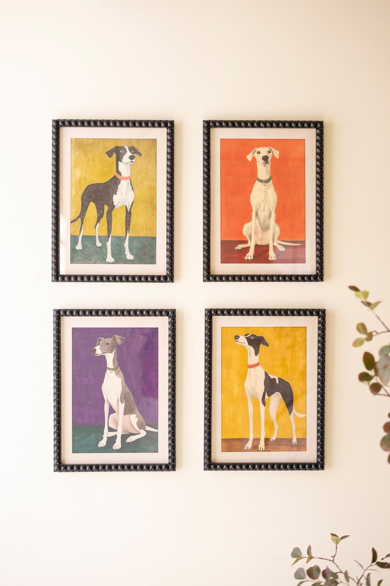 CHH1584 Framed Hound Prints Wall Art with Under Glass, Multi Color - Set of 4