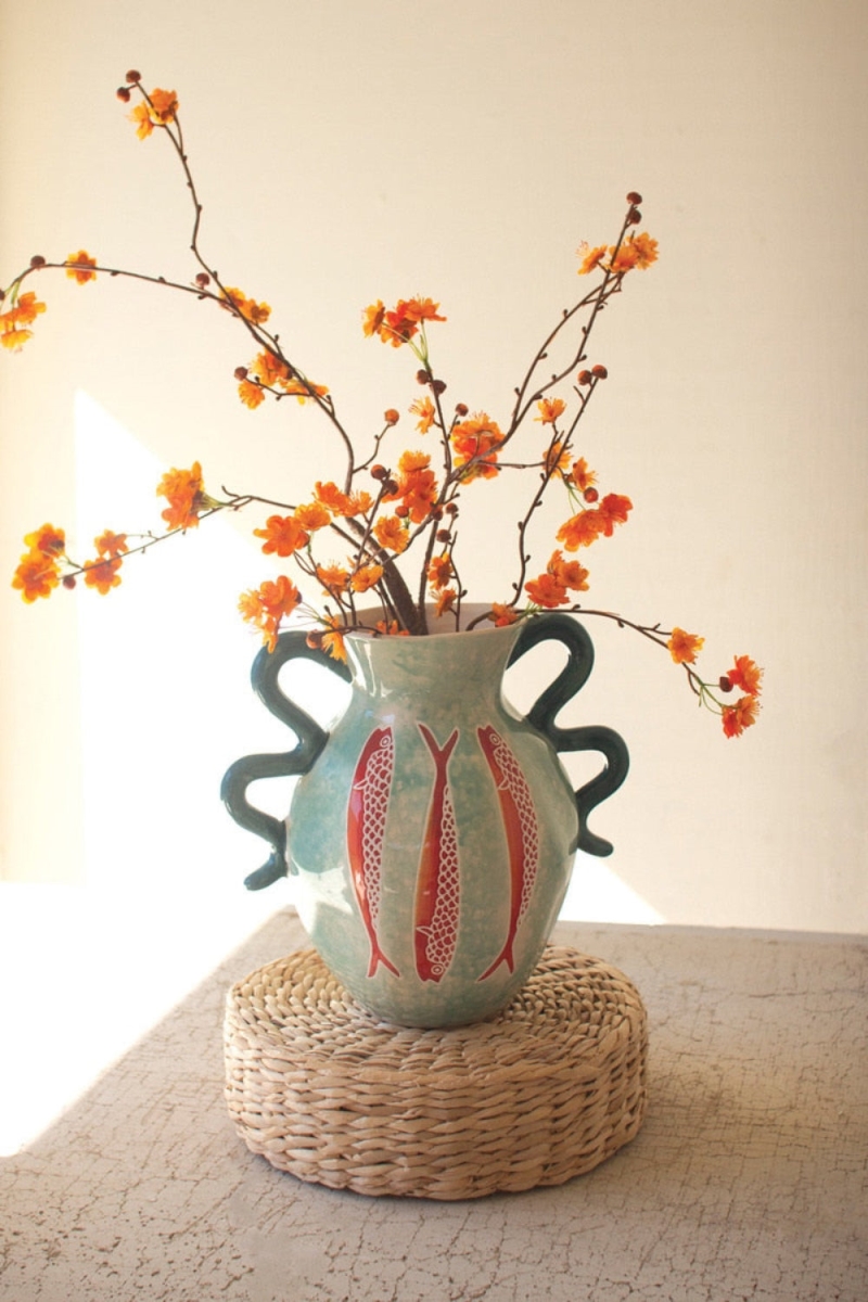 CHN1439 11 in. Tall Colorful Ceramic Fish Vase, Blue Squiggle Handle Design, Multi Color