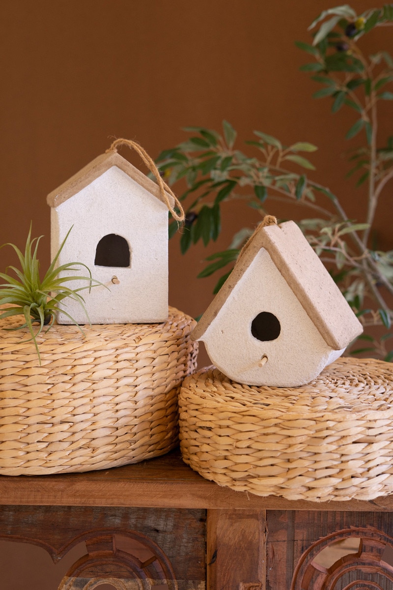 CHU1070 Cement Birdhouses, White - Set of 2