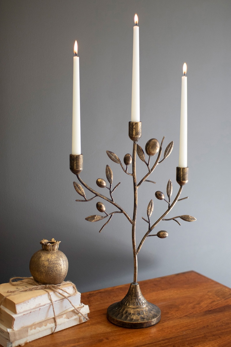 CMNQ1341 Antique Brass Fruit Tree Taper Candelabra, Gold