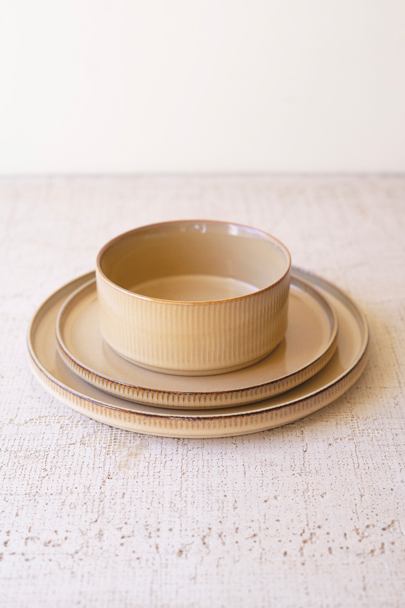 Picture of Kalalou CTE1033 Khaki Ceramic Dinner Plate, Salad Plate & Bowl - Brown - Set of 3