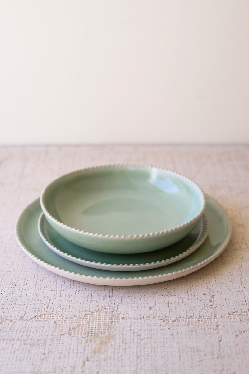 Picture of Kalalou CTE1034 Sea Mist Ceramic Dinner Plate, Salad Plate & Bowl - Green - Set of 3