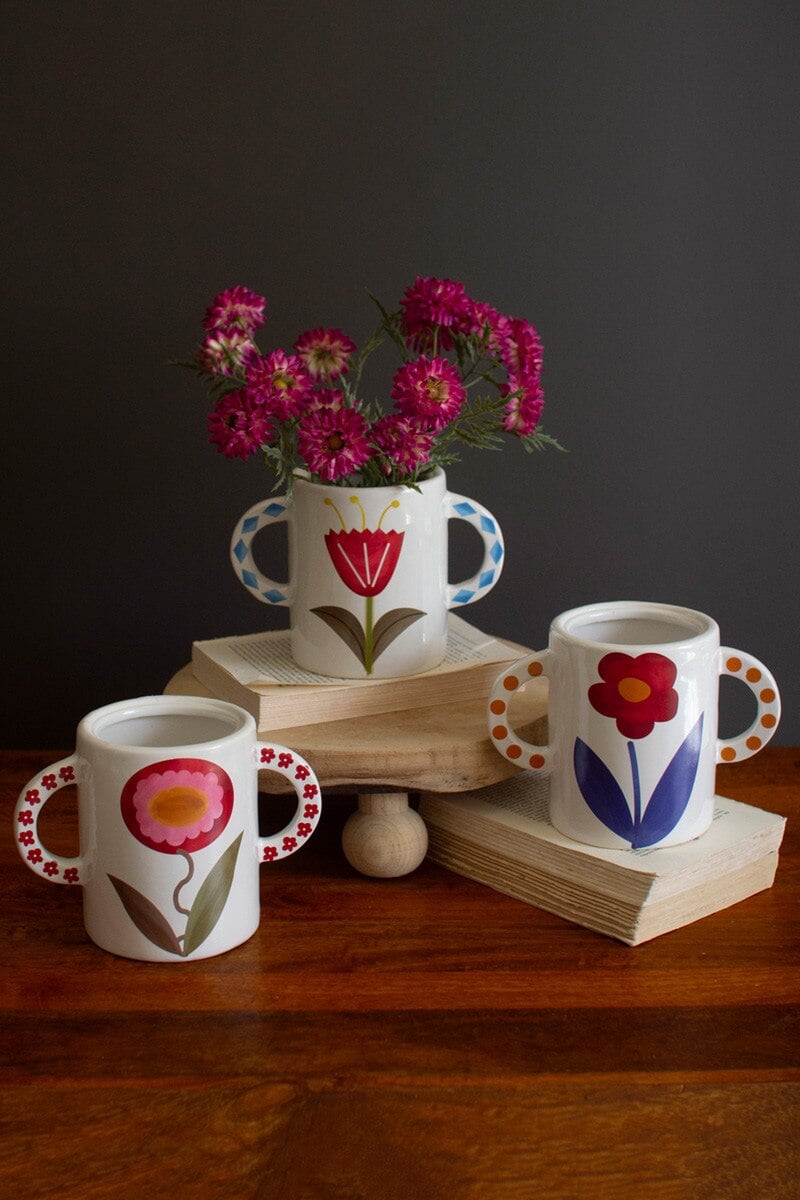 CTEN1005 Ceramic Double Handle Vases with Flower Detail, Multi Color
