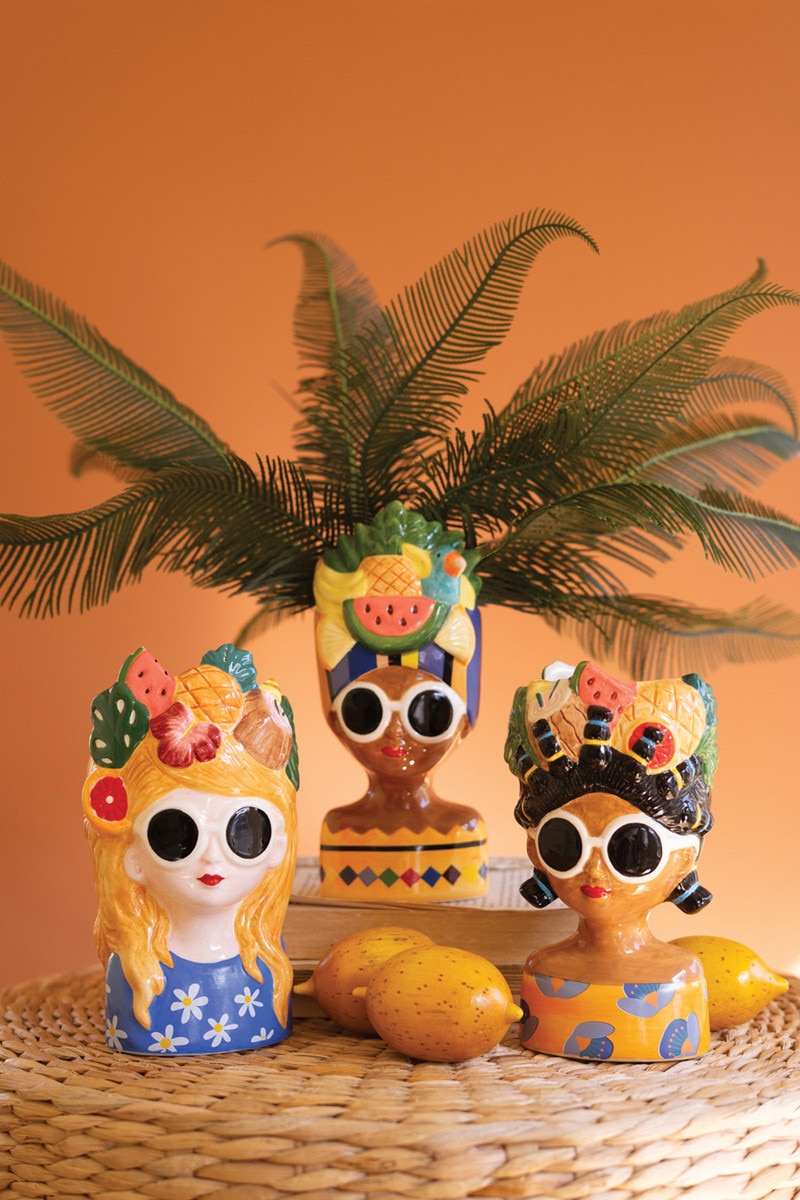 CTEN1009 Ceramic Lady Vases with Fruit Hats, Multi Color - Set of 3