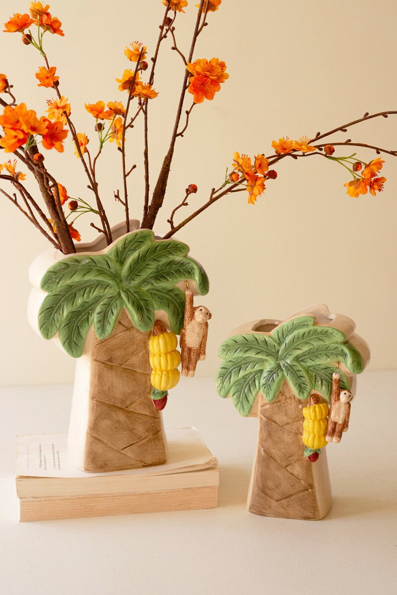 CTEN1010 Ceramic Palm Tree Vases with Dangling Monkeys, Multi Color - Set of 2