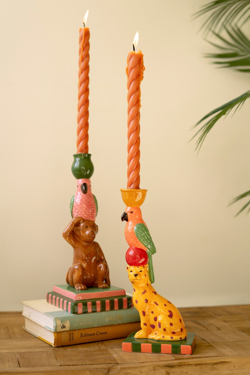 CWA1022 Ceramic Cheetah & Monkey Taper Candle Holders, Multi Color - Set of 2