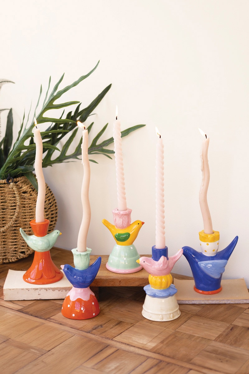 CWA1023 Ceramic Bird Taper Candle Holders, Multi Color - Set of 5