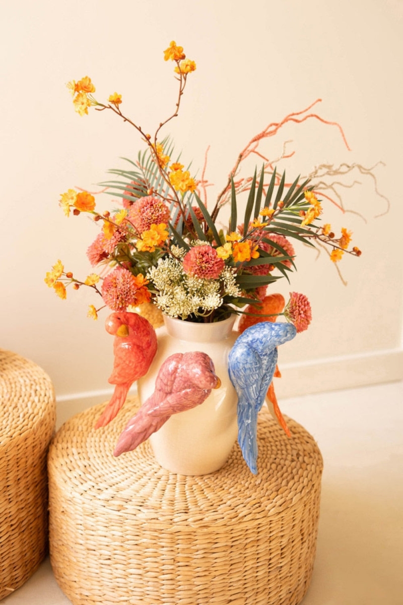CXNY1065 11.5 in. Ceramic Parrots Vase, Multicolor Glazed Decorative Accent, Multi Color