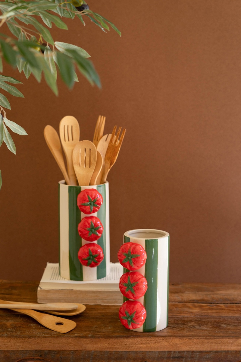 CXNY1071 Ceramic Green Striped Vase with Tomatoes, Multi Color - Set of 2