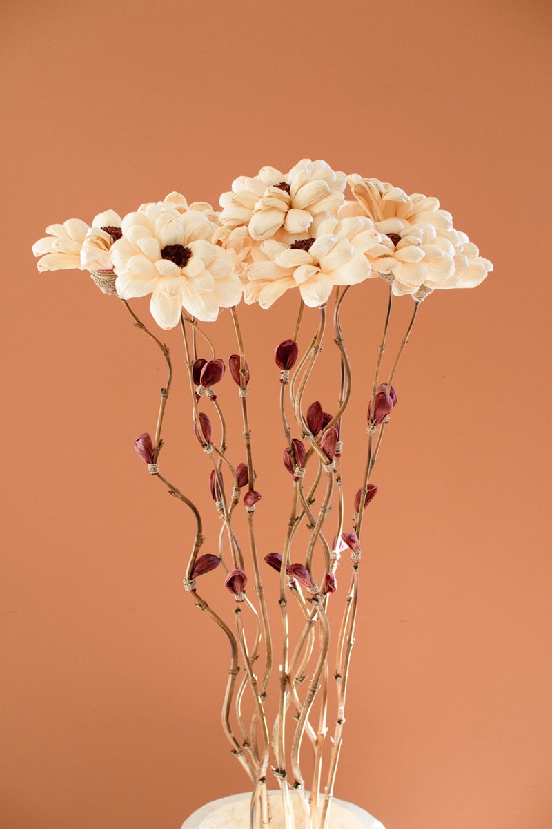 DEX1006 5.5 x 56 in. Cornhusk Camellia Botanicals on Bamboo Stems Decorative Floral Picks, Multi Color