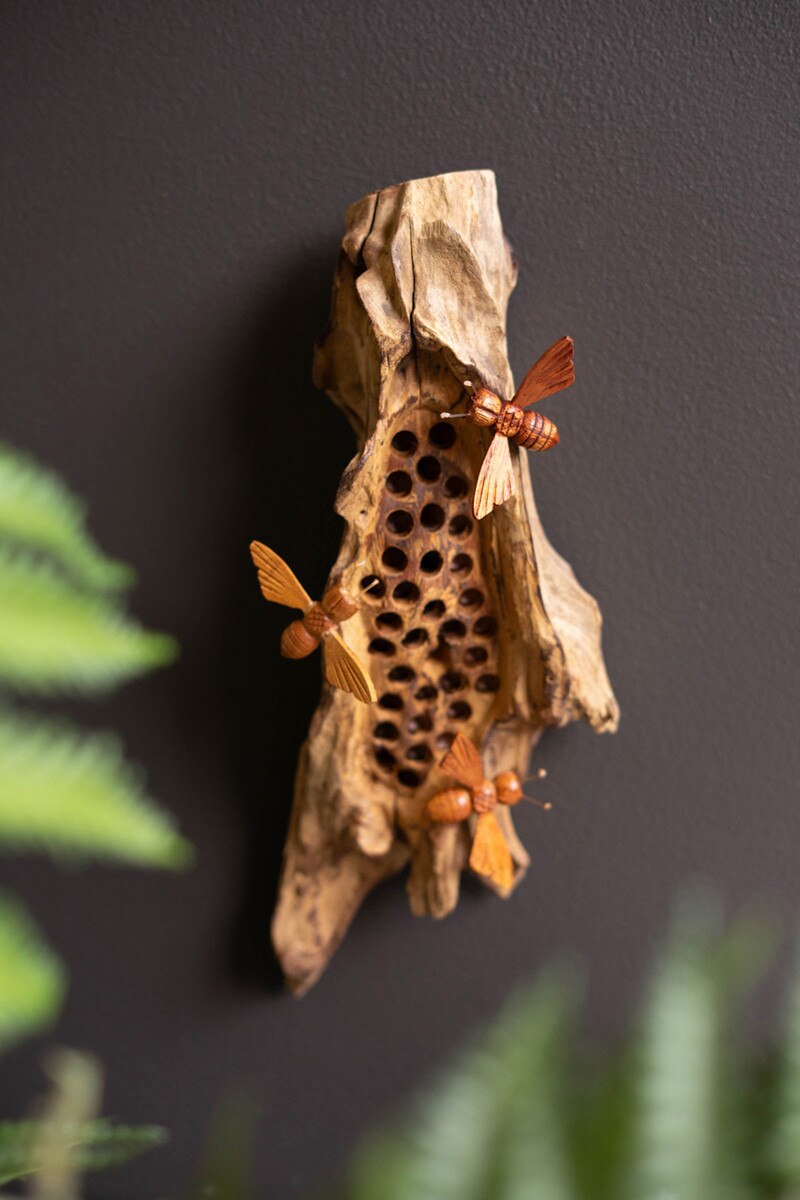 DSU1002 3.5 x 5 x 12.5 in. Repurposed Wall Hanging Sculpture with Hand-Carved Bees, Brown
